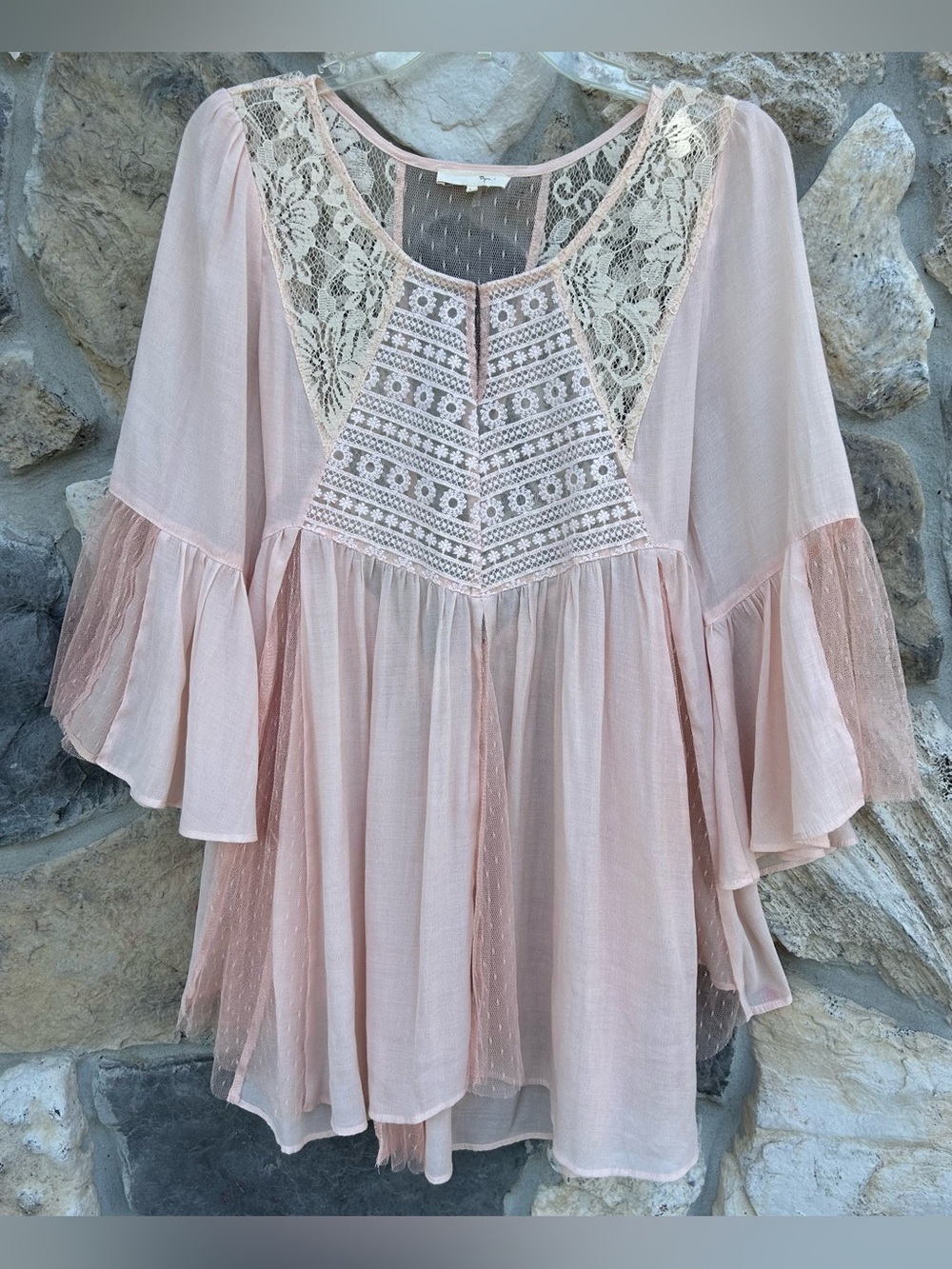 Ryu Boho Blouse Size L Pink Lace Etheral Fairy Renaissance Soft Girl Festival